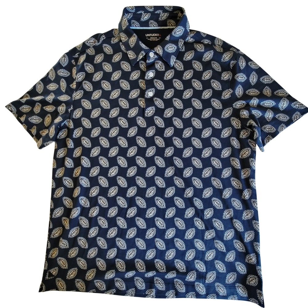 UNTUCKit Dax Polo‎ Shirt Mens Medium Navy Blue Leaf Print Regular Fit Casual